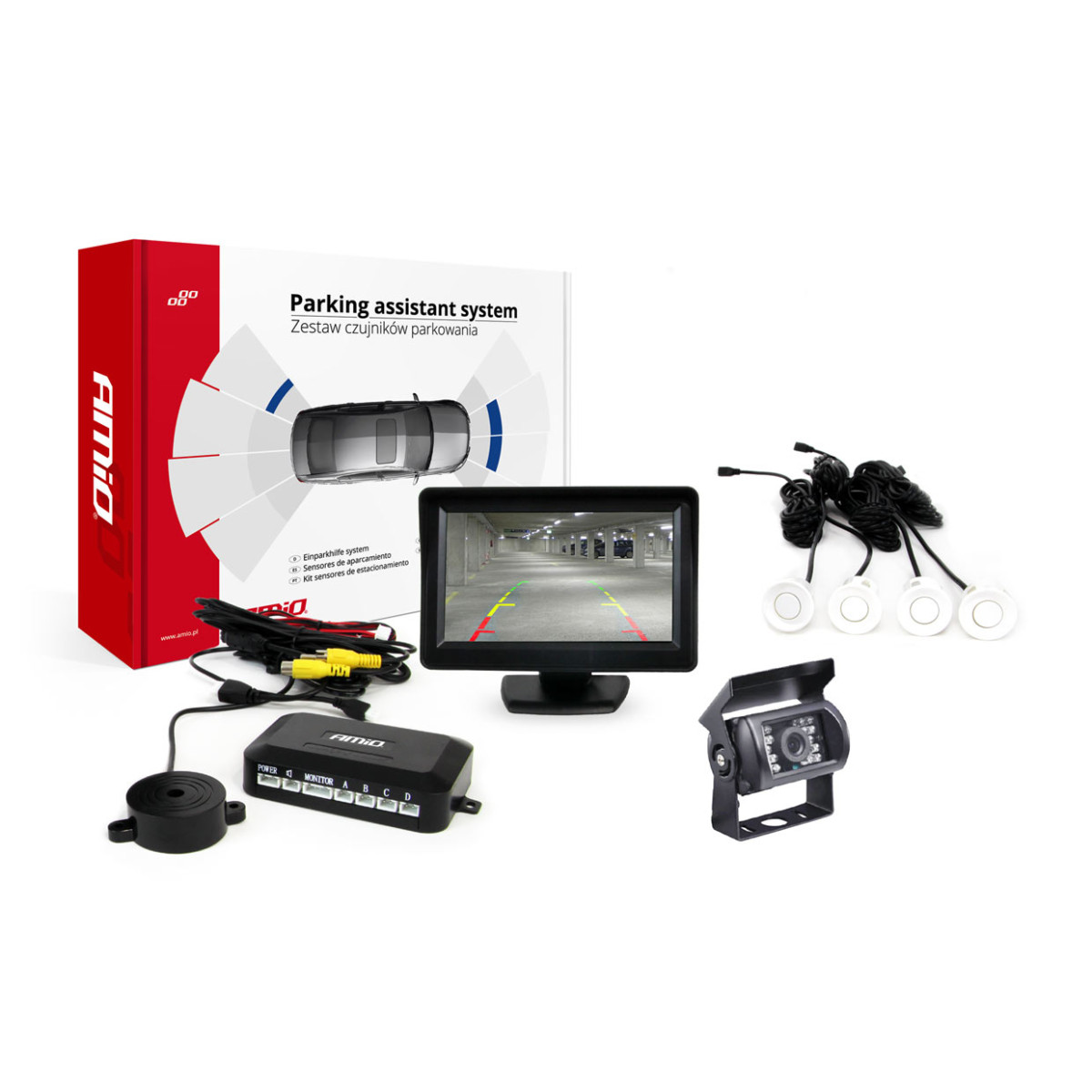 Parkavimo pagalbos sistema TFT01 4,3" su HD-501-IR kamera, 4 balti jutikliai