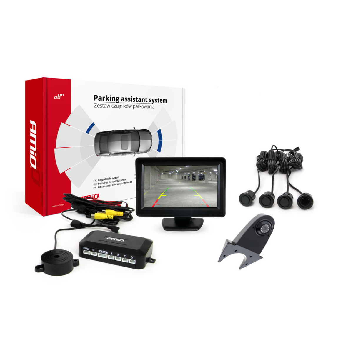 Parkavimo pagalbos sistema TFT01 4,3" su HD-502-IR kamera, 4 juodi jutikliai GOLD