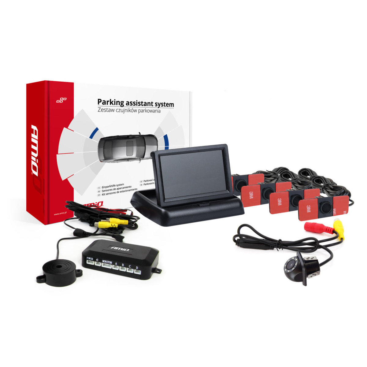 Parkavimo pagalbos sistema TFT02 4,3" su HD-305-LED kamera, 4 juodi jutikliai, vidinis montavimas