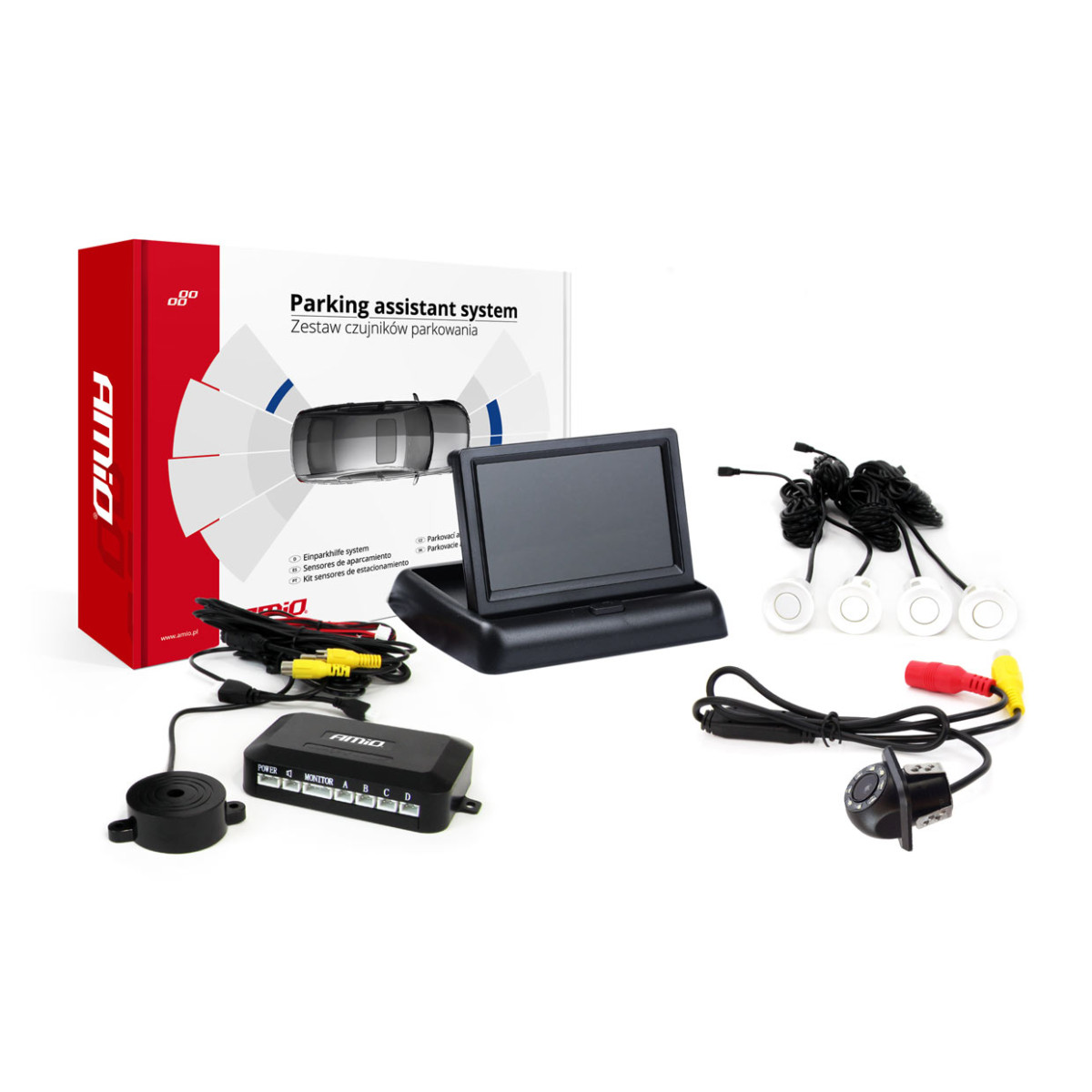 Parkavimo pagalbos sistema TFT02 4,3" su HD-305-LED kamera, 4 balti jutikliai