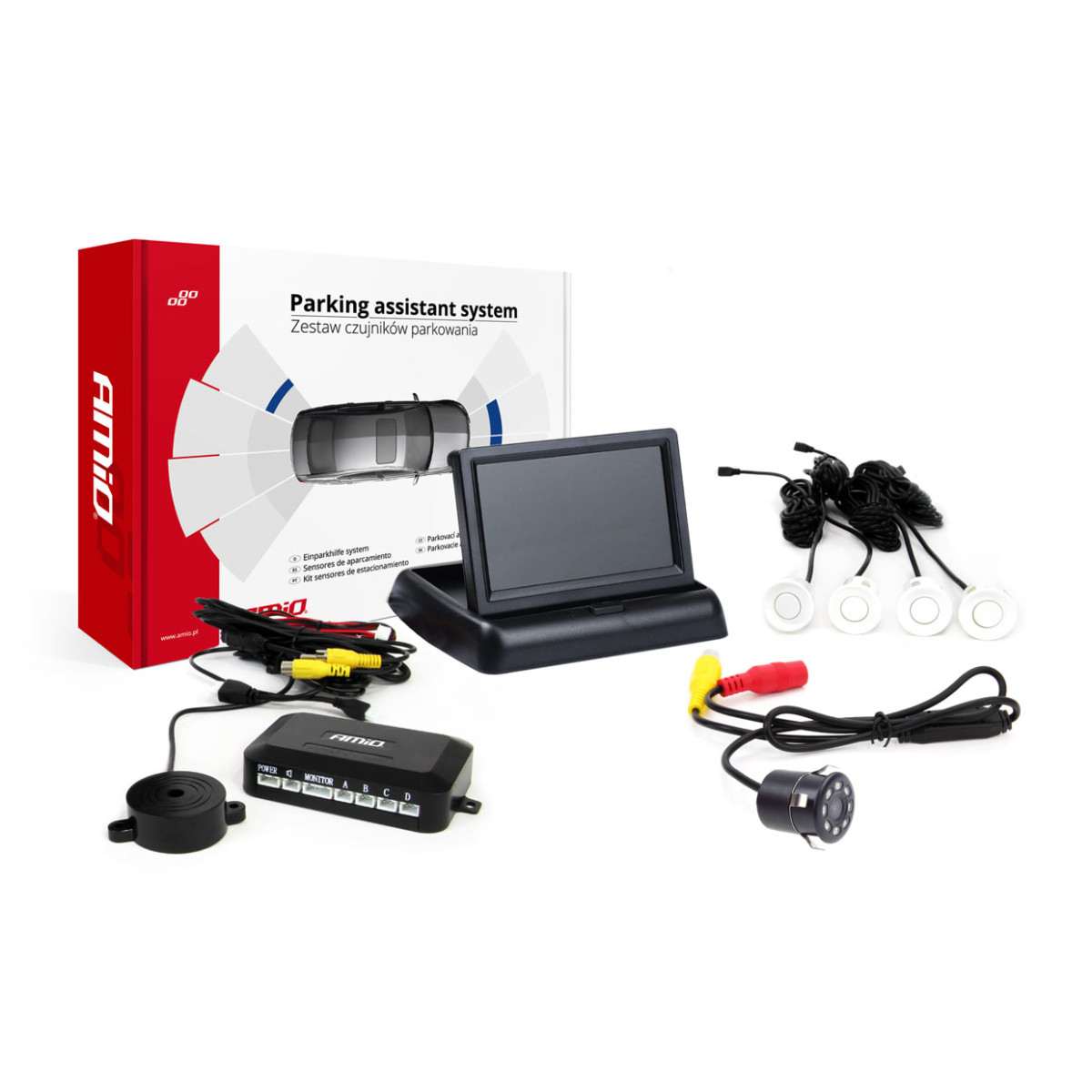 Parkavimo pagalbos sistema TFT02 4,3" su HD-307-IR kamera, 4 balti jutikliai