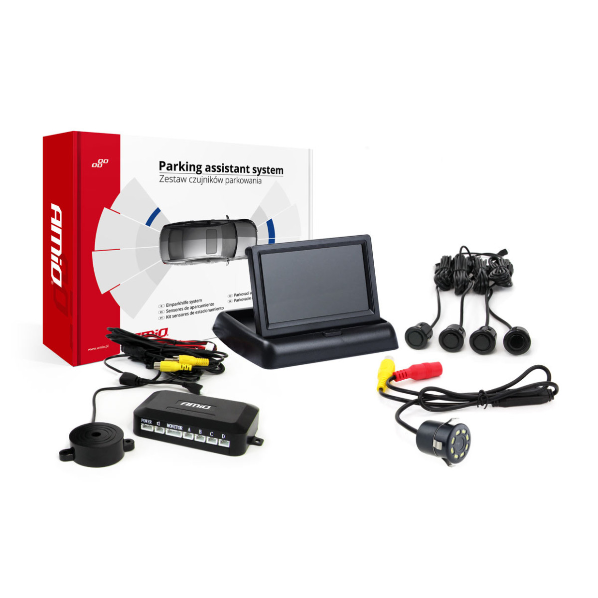 Parkavimo pagalbos sistema TFT02 4,3" su HD-308-LED kamera, 4 juodi jutikliai GOLD