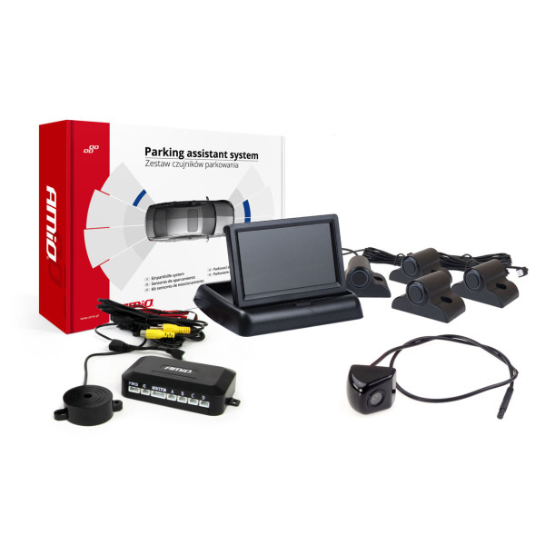 Parkavimo pagalbos sistema TFT02 4,3" su HD-310-LED kamera, 4 juodi jutikliai, sunkvežimiams Parkavimo pagalbos sistema TFT02 4,3" su HD-310-LED kamera, 4 juodi jutikliai, sunkvežimiams