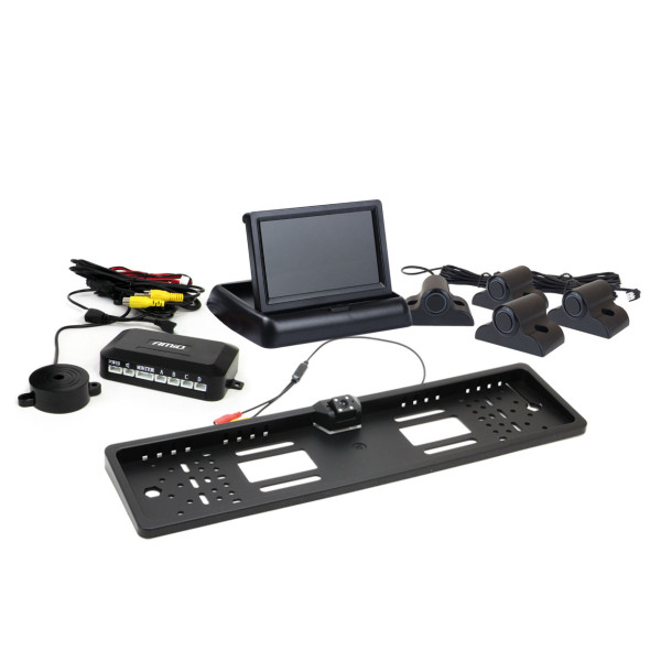 Parkavimo pagalbos sistema TFT02 4,3" su HD-402-LED kamera, 4 juodi jutikliai, sunkvežimiams