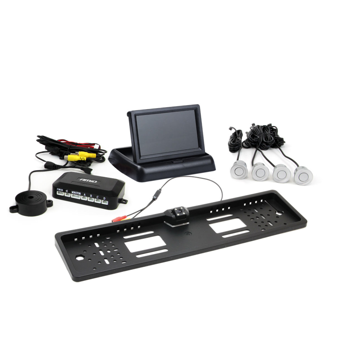 Parkavimo pagalbos sistema TFT02 4,3" su HD-402-LED kamera, 4 sidabro spalvos jutikliai