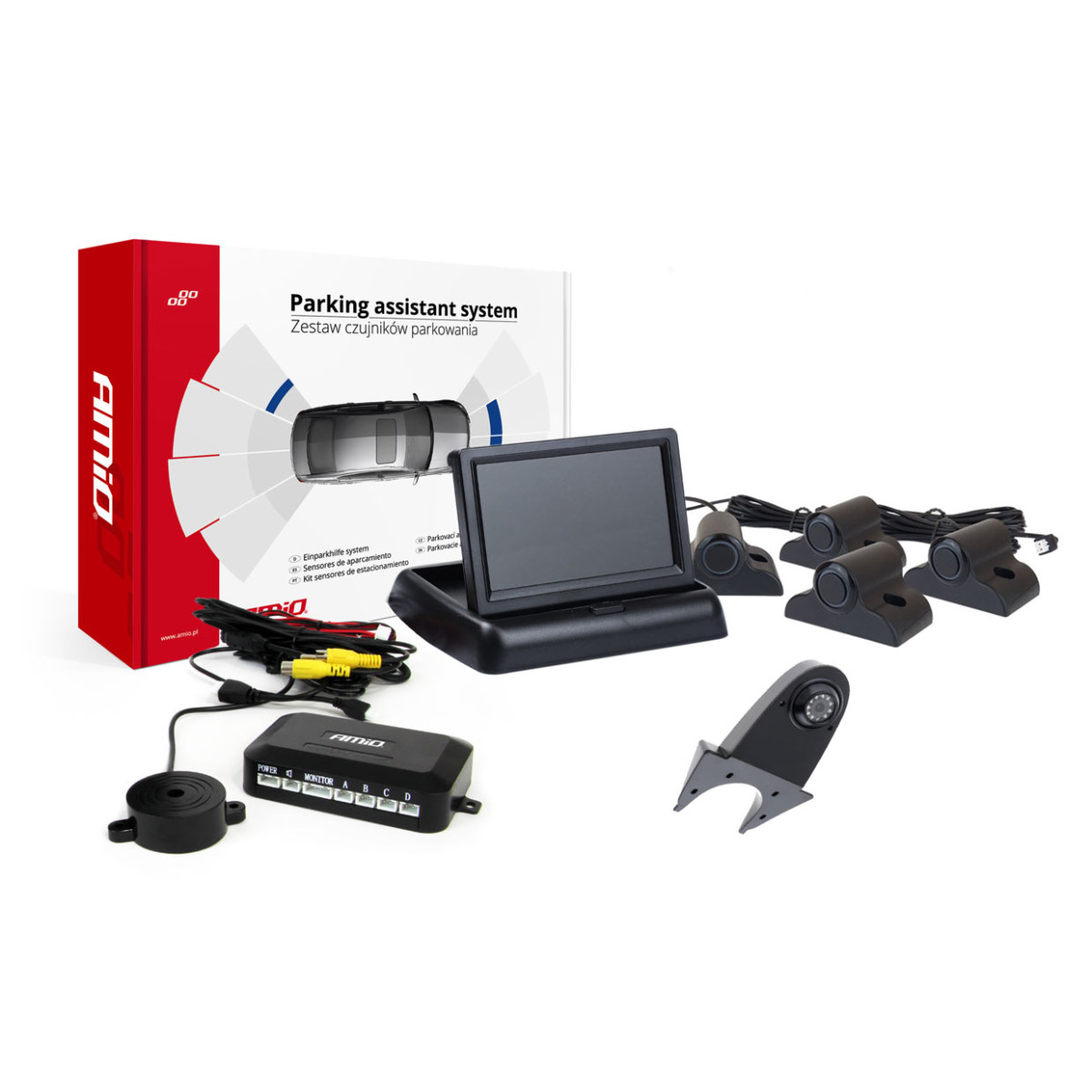 Parkavimo pagalbos sistema FT02 4,3" su HD-502-IR kamera, 4 juodi jutikliai, sunkvežimiams