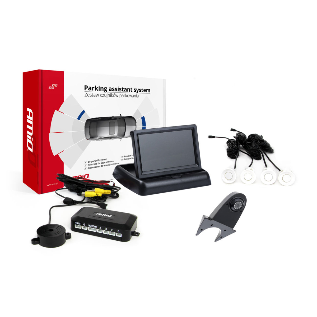 Parkavimo pagalbos sistema TFT02 4,3" su HD-502-IR kamera, 4 balti jutikliai