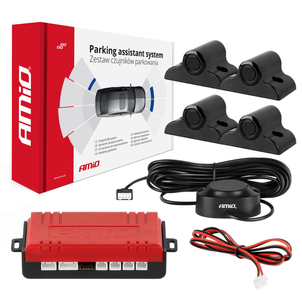 Parkavimo pagalbos sistema TRUCK/BUS, 4 juodi jutikliai su garsiniu signalu 19 mm AMIO-02278