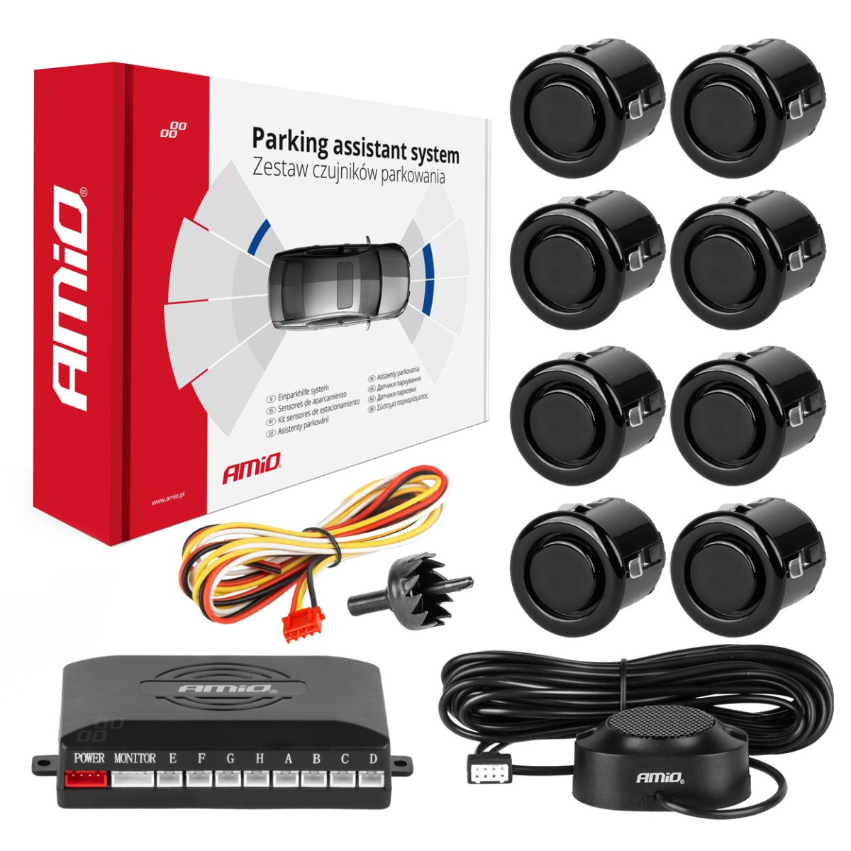 Parkavimo pagalbos sistema su garso signalu, 8 juodi jutikliai GOLD 18mm AMIO-01604