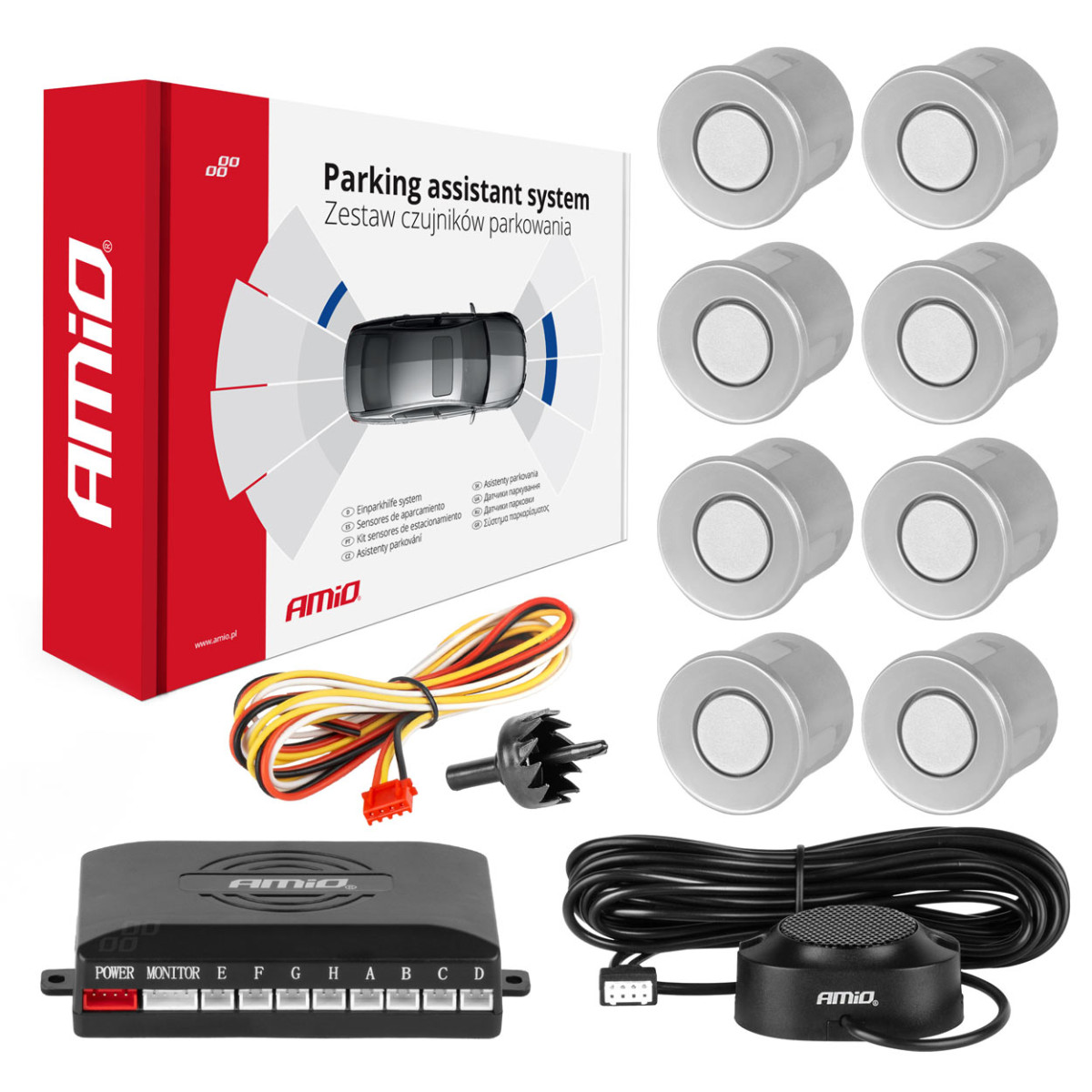 Parkavimo pagalbos sistema su garso signalu, 8 sidabro spalvos jutikliai 22 mm AMIO-01596