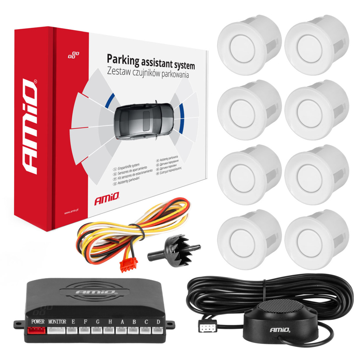 Parkavimo pagalbos sistema su garso signalu, 8 balti jutikliai 22 mm AMIO-01599