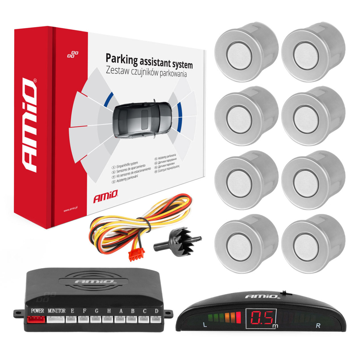 Parkavimo pagalbos sistema LED, 8 sidabro spalvos jutikliai 22 mm AMIO-01598