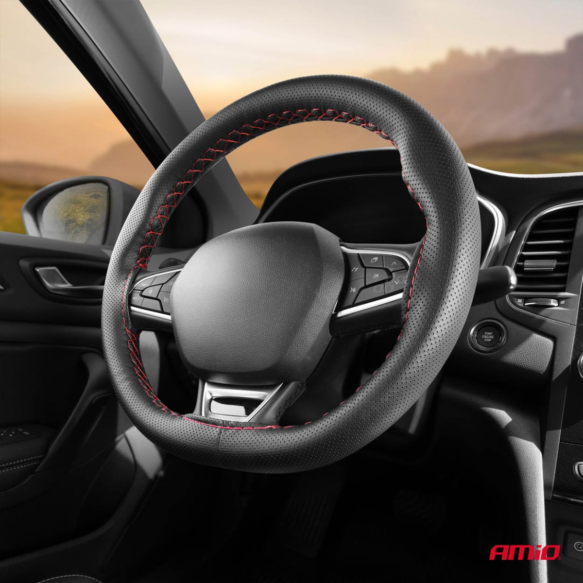 Perforuotas vairo užvalkalas su adata ir siūlais 38–39 cm - juoda / raudonos siūlės