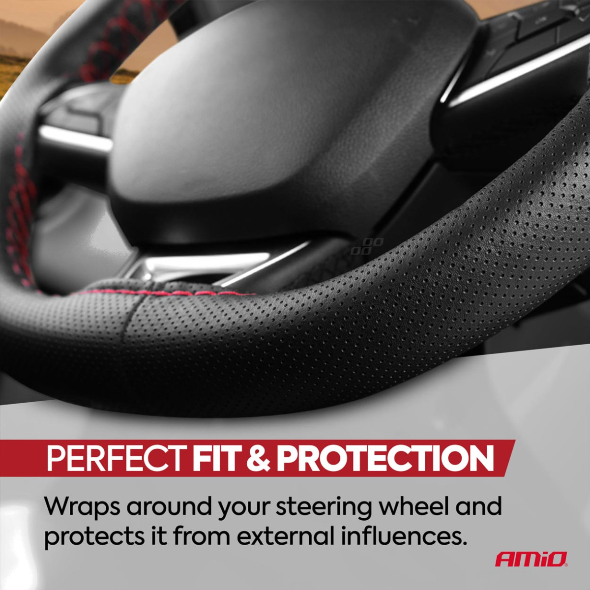 Perforuotas vairo užvalkalas su adata ir siūlais 38–39 cm - juoda / raudonos siūlės