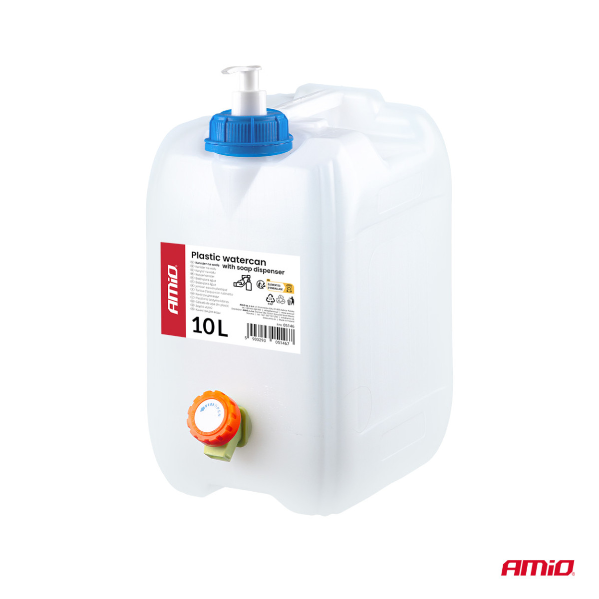 Plastikinis vandens bakelis su kraneliu ir muilo dozatoriumi, 10 l, AMIO-05146