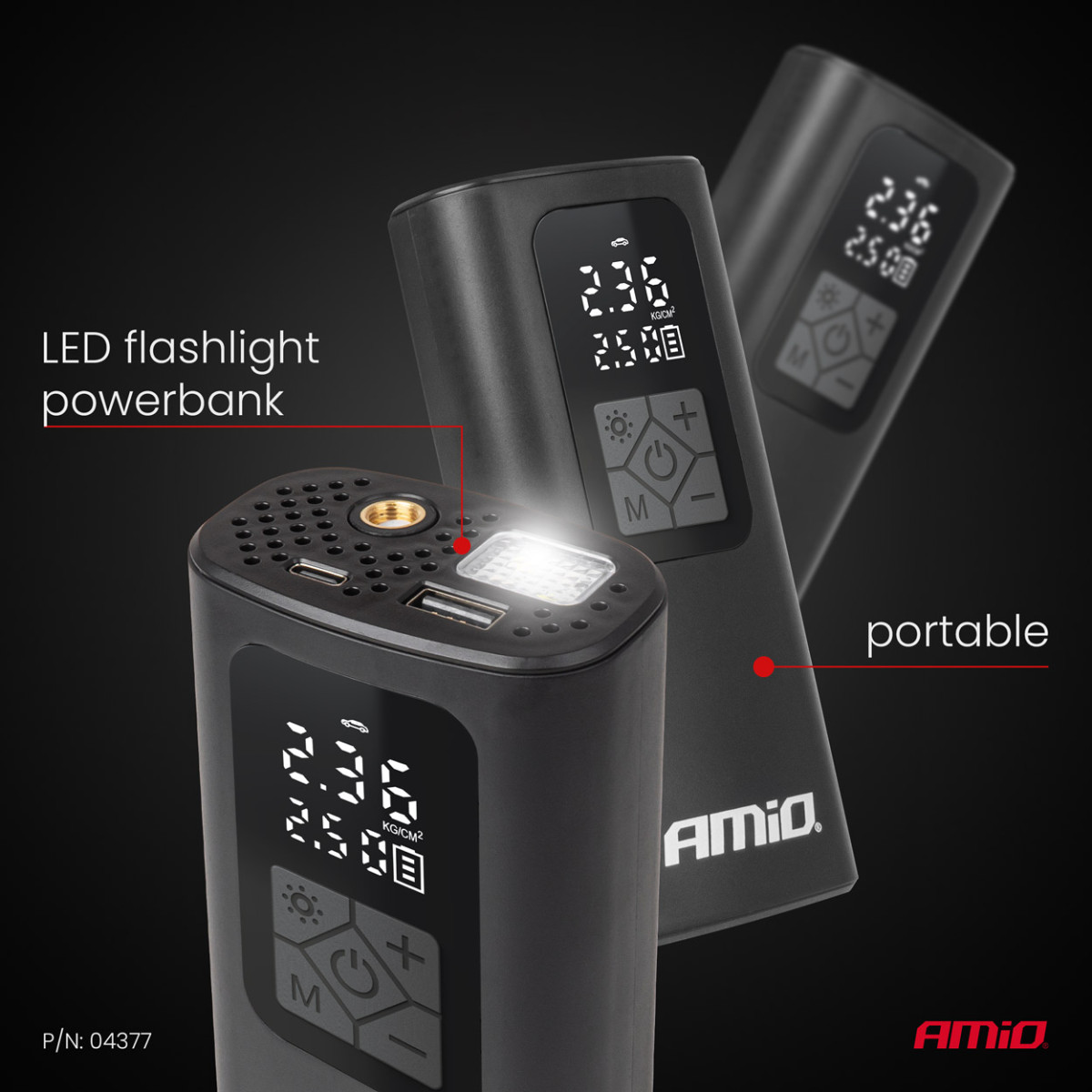 Belaidis automobilinis kompresorius 40 W su LED, powerbank ir USB-C, AMIO-04377