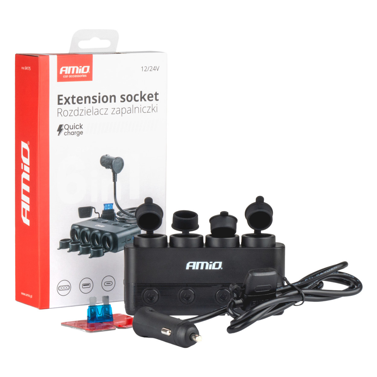 Automobilinis 4 lizdų skirstytuvas su PD 30W ir QC3.0 12/24V, max 216W AMIO-04175