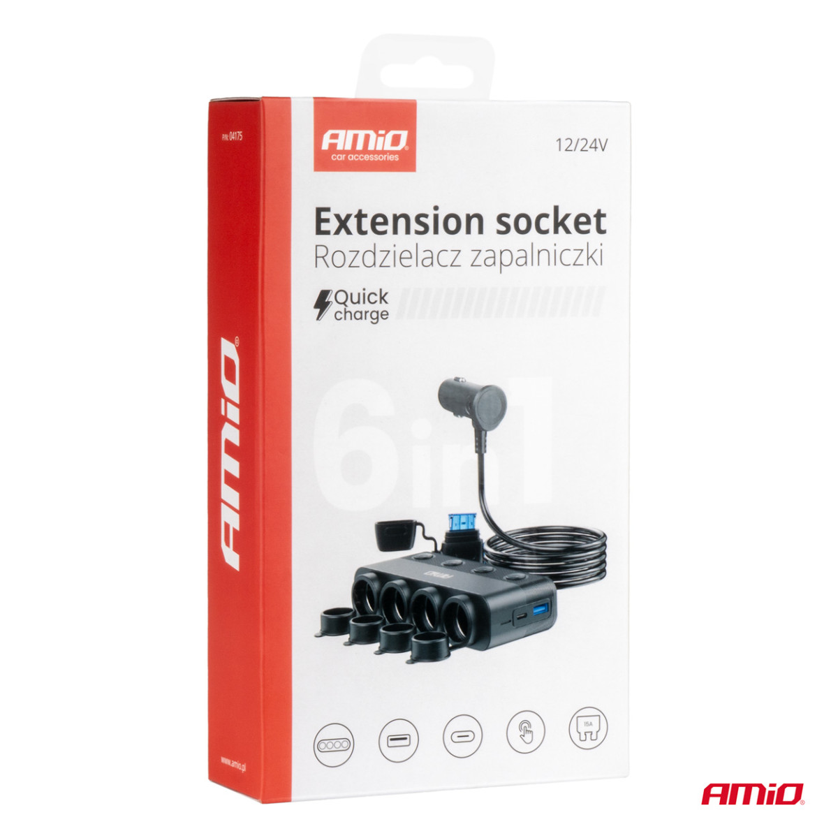 Automobilinis 4 lizdų skirstytuvas su PD 30W ir QC3.0 12/24V, max 216W AMIO-04175