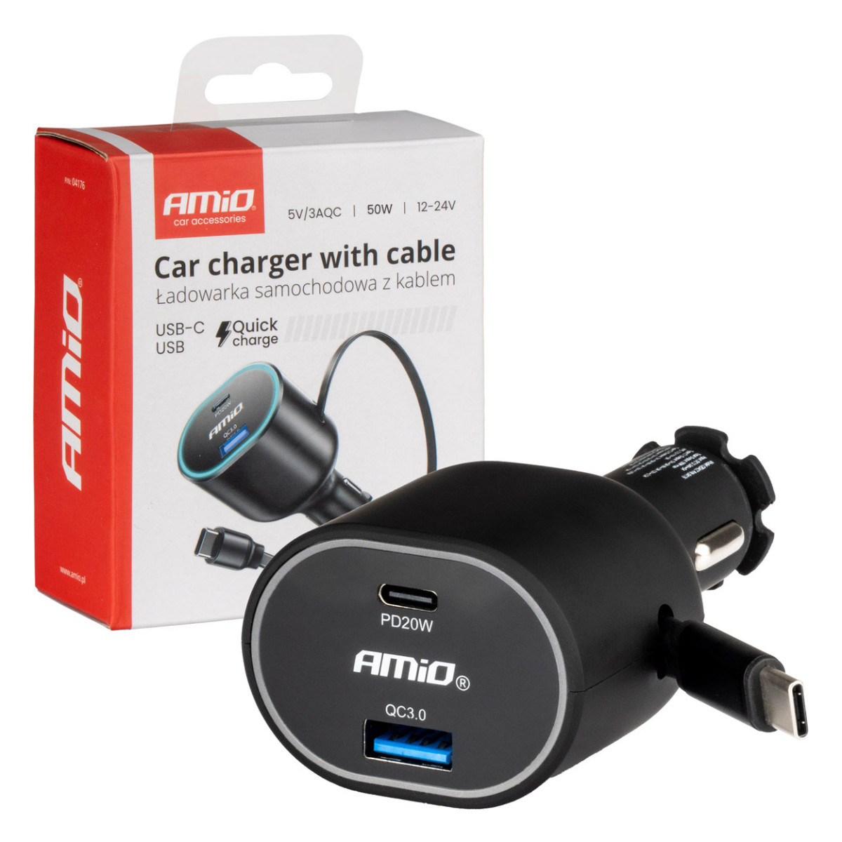 Greitas automobilinis įkroviklis 3.0 su 30W USB-C ištraukiamu kabeliu PD20W AMIO-04176