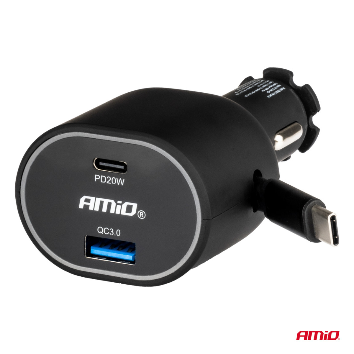 Greitas automobilinis įkroviklis 3.0 su 30W USB-C ištraukiamu kabeliu PD20W AMIO-04176