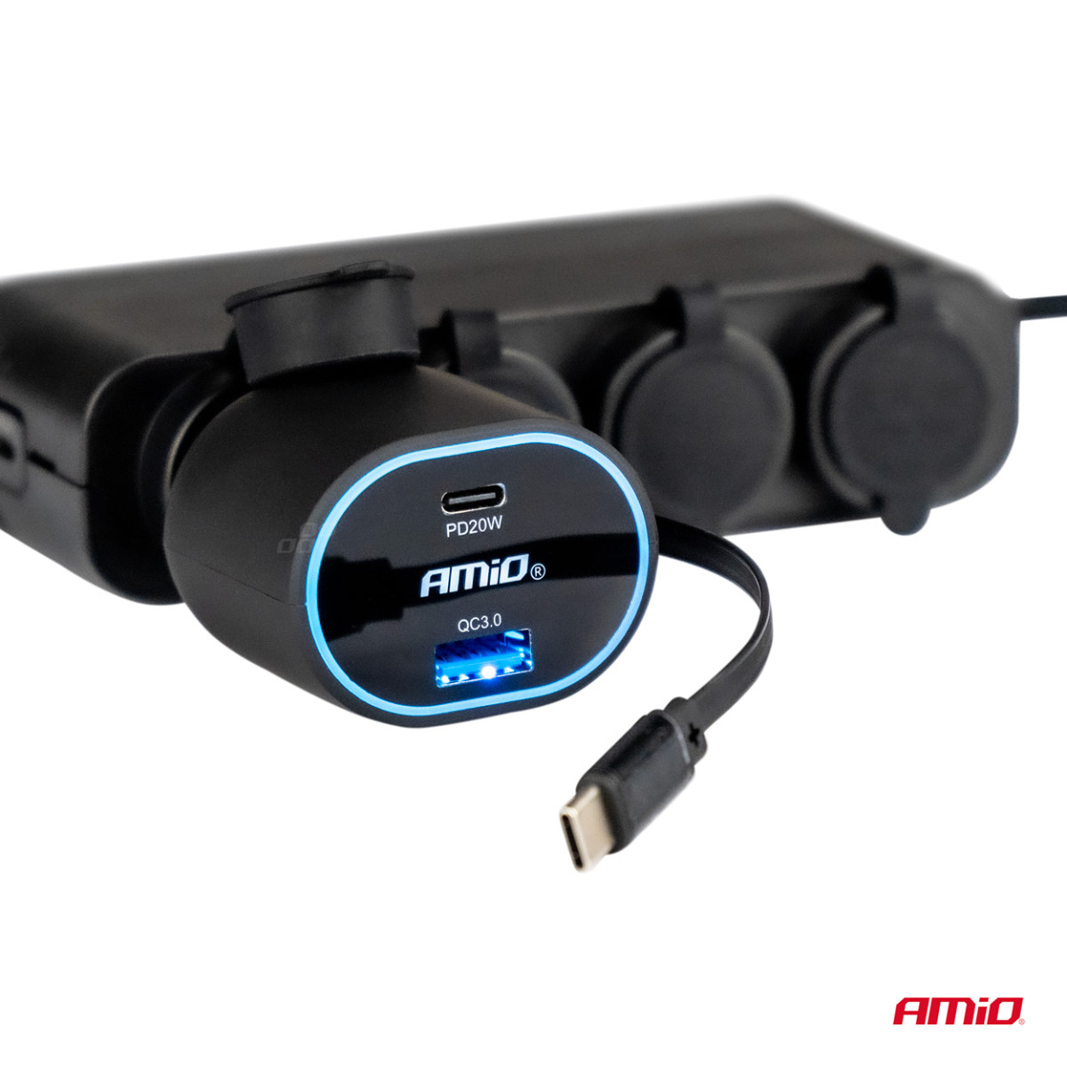 Greitas automobilinis įkroviklis 3.0 su 30W USB-C ištraukiamu kabeliu PD20W AMIO-04176