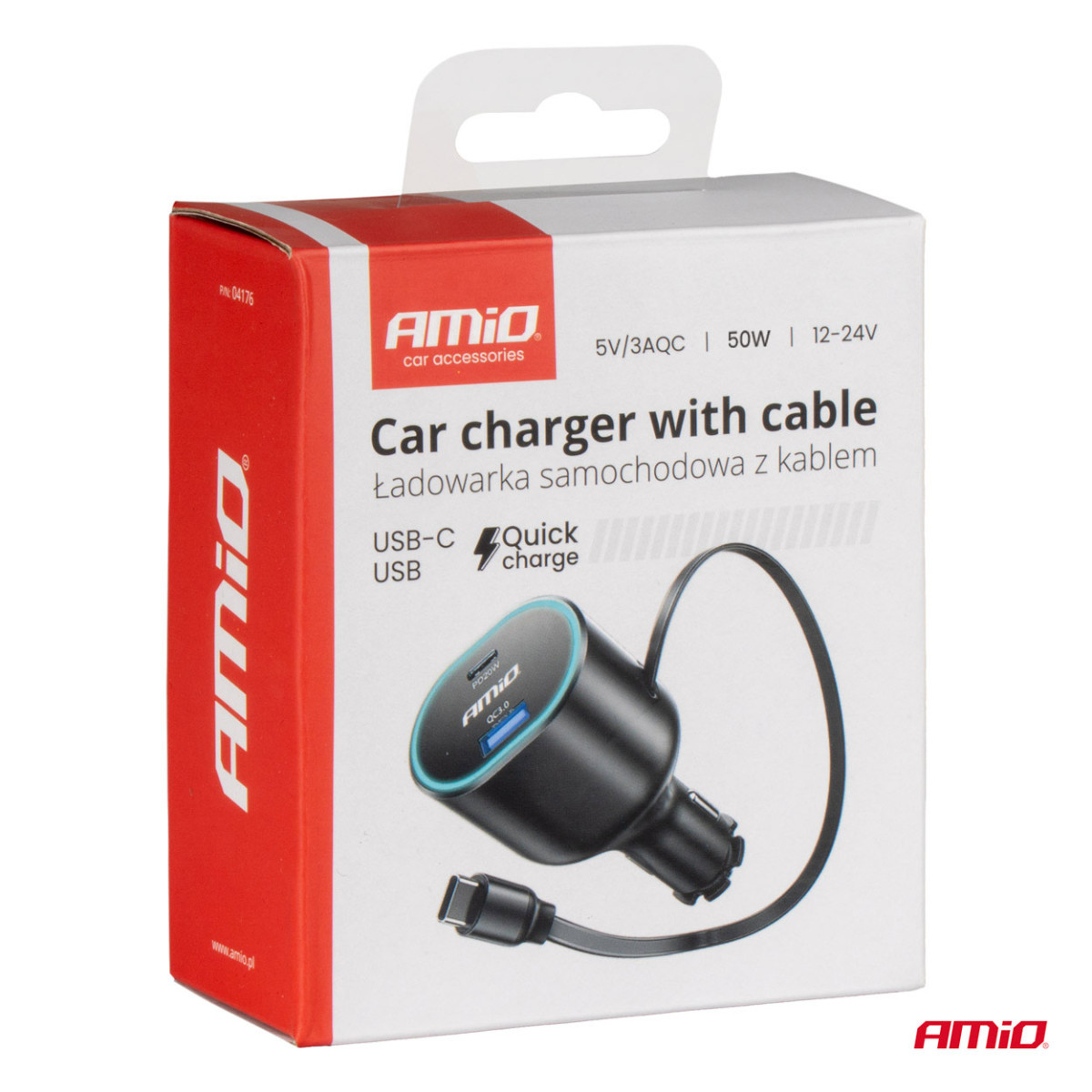 Greitas automobilinis įkroviklis 3.0 su 30W USB-C ištraukiamu kabeliu PD20W AMIO-04176
