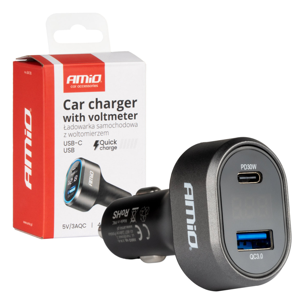 Greito įkrovimo automobilinis įkroviklis su įtampos LED ekranu 3.0 PD 30W AMiO-04178