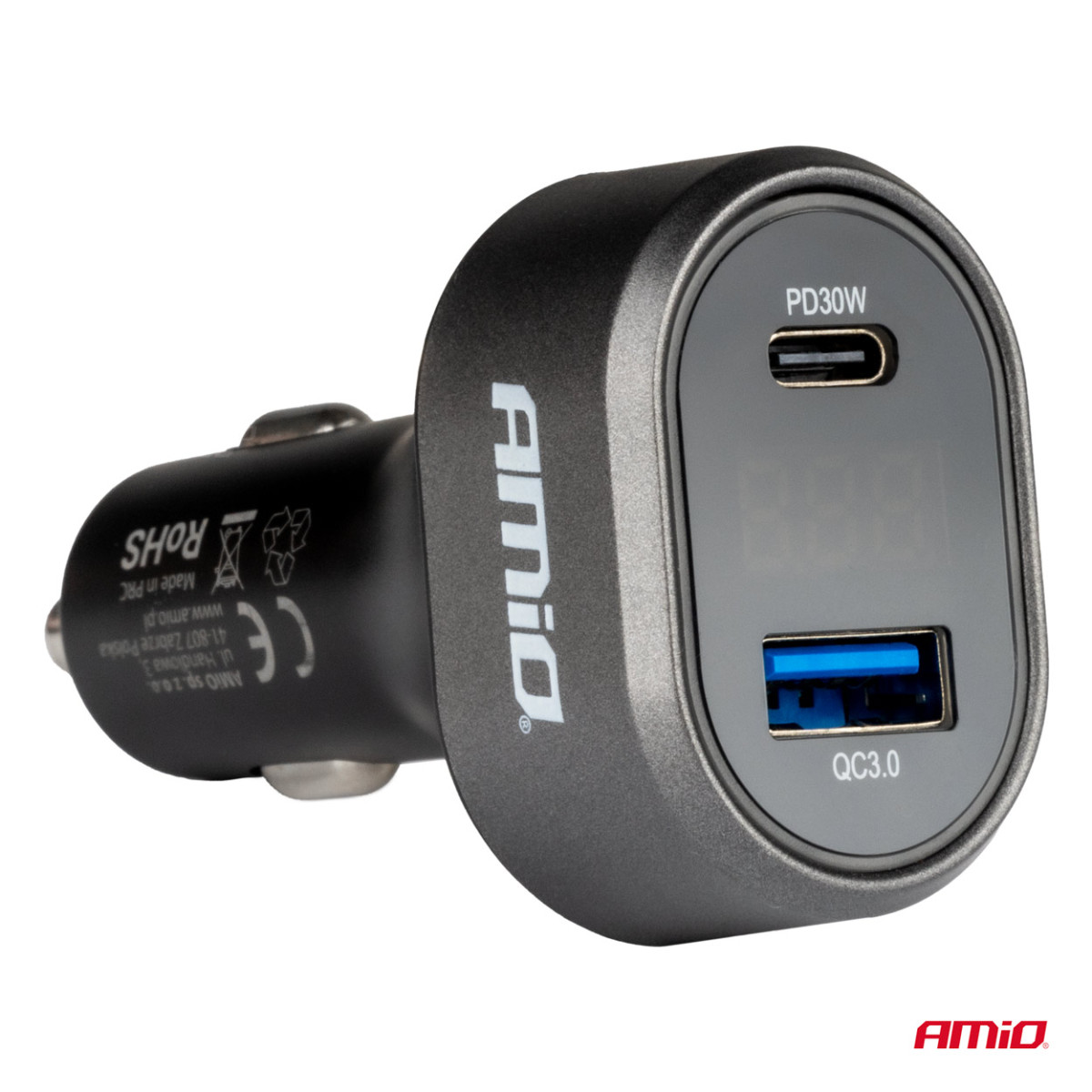 Greito įkrovimo automobilinis įkroviklis su įtampos LED ekranu 3.0 PD 30W AMiO-04178