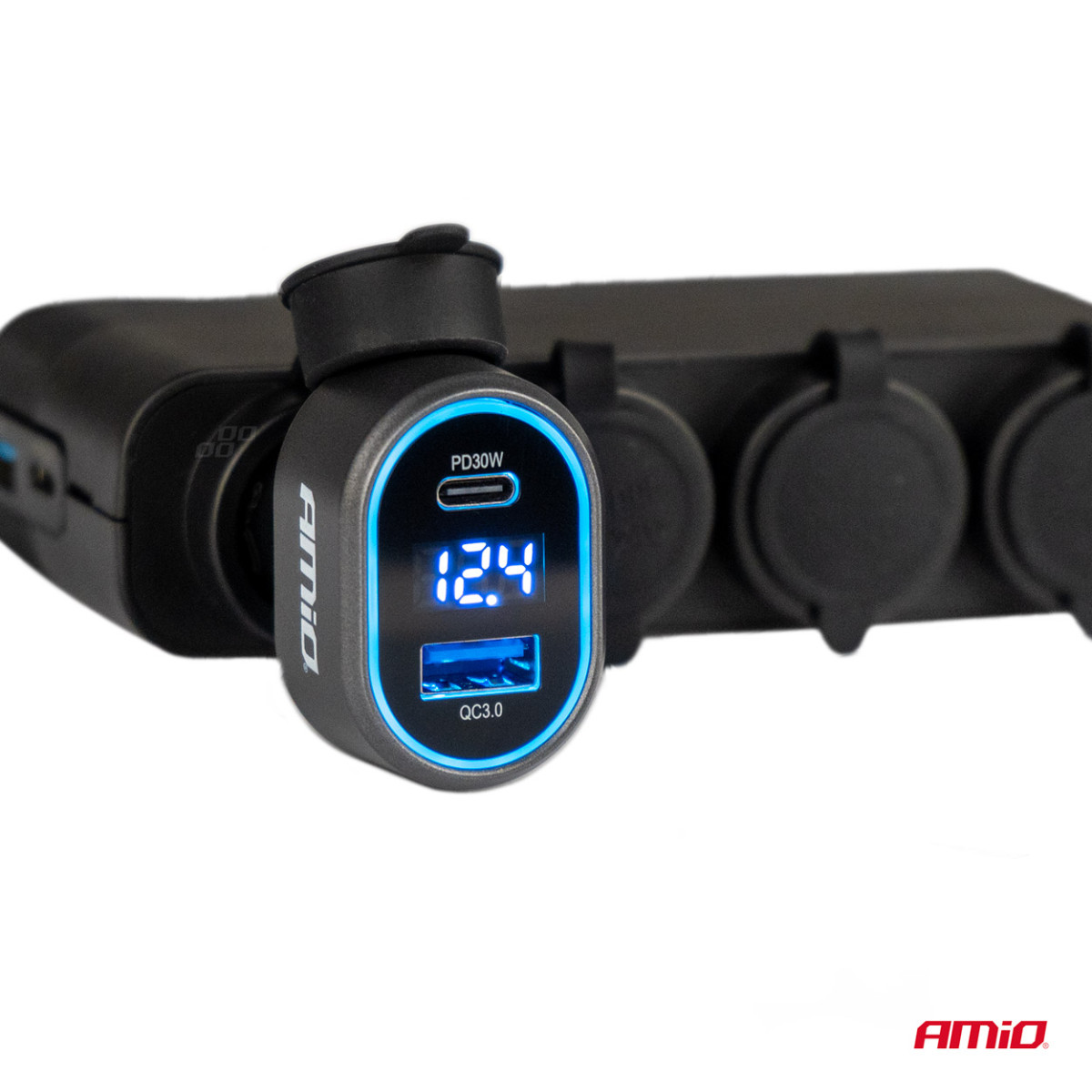 Greito įkrovimo automobilinis įkroviklis su įtampos LED ekranu 3.0 PD 30W AMiO-04178