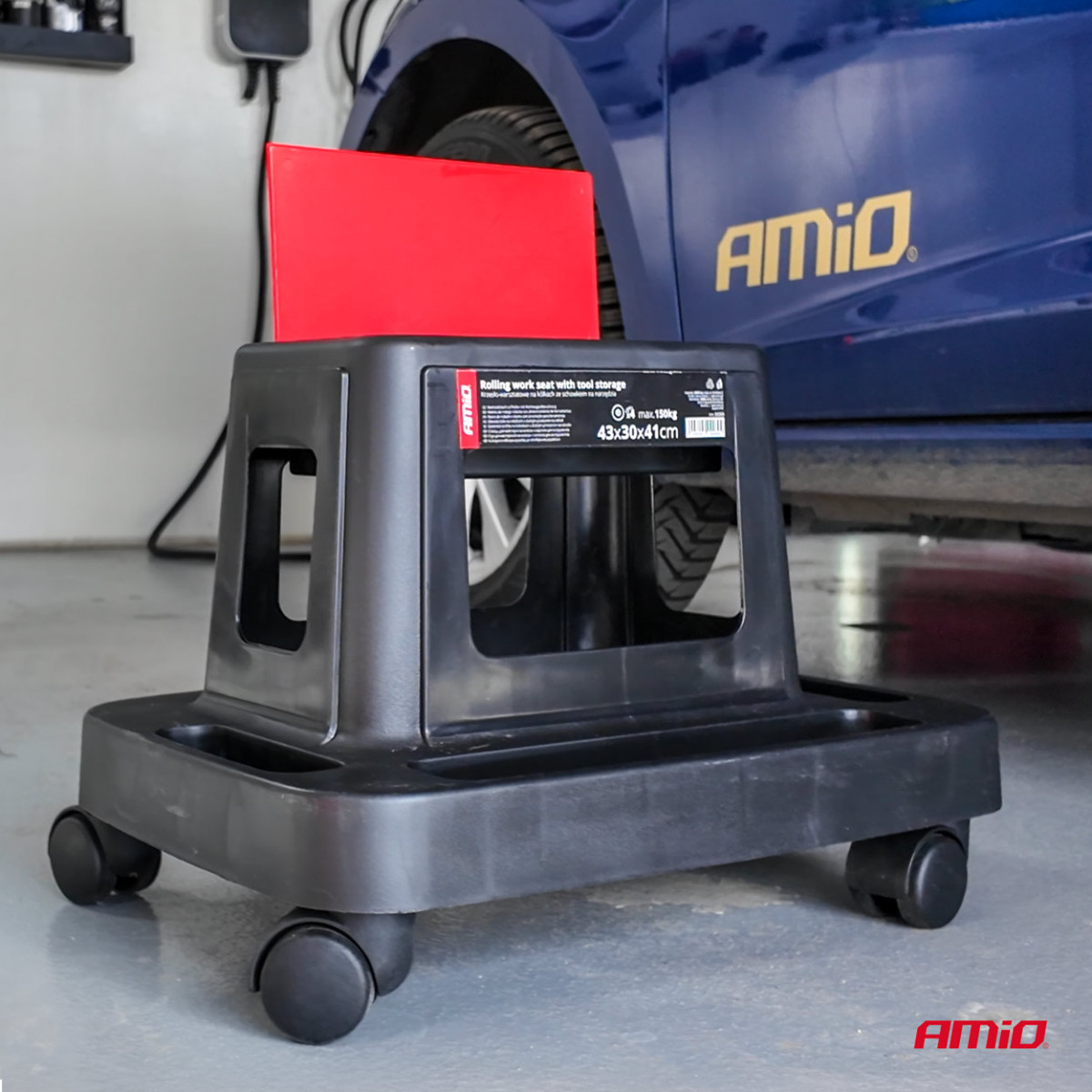 Dirbtuvių kėdė ant ratukų su įrankių laikymo dėže, 150 kg, AMIO-04269