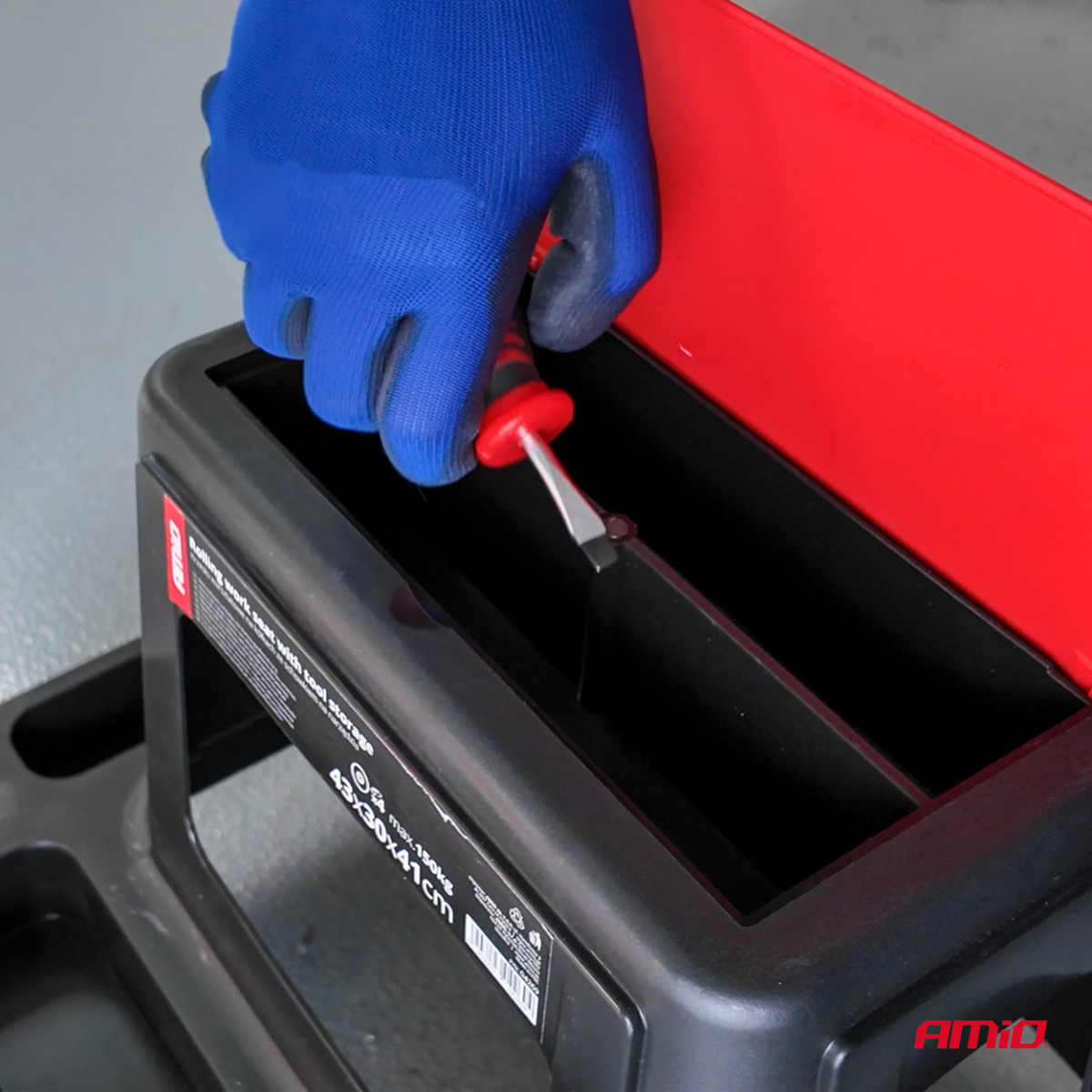 Dirbtuvių kėdė ant ratukų su įrankių laikymo dėže, 150 kg, AMIO-04269