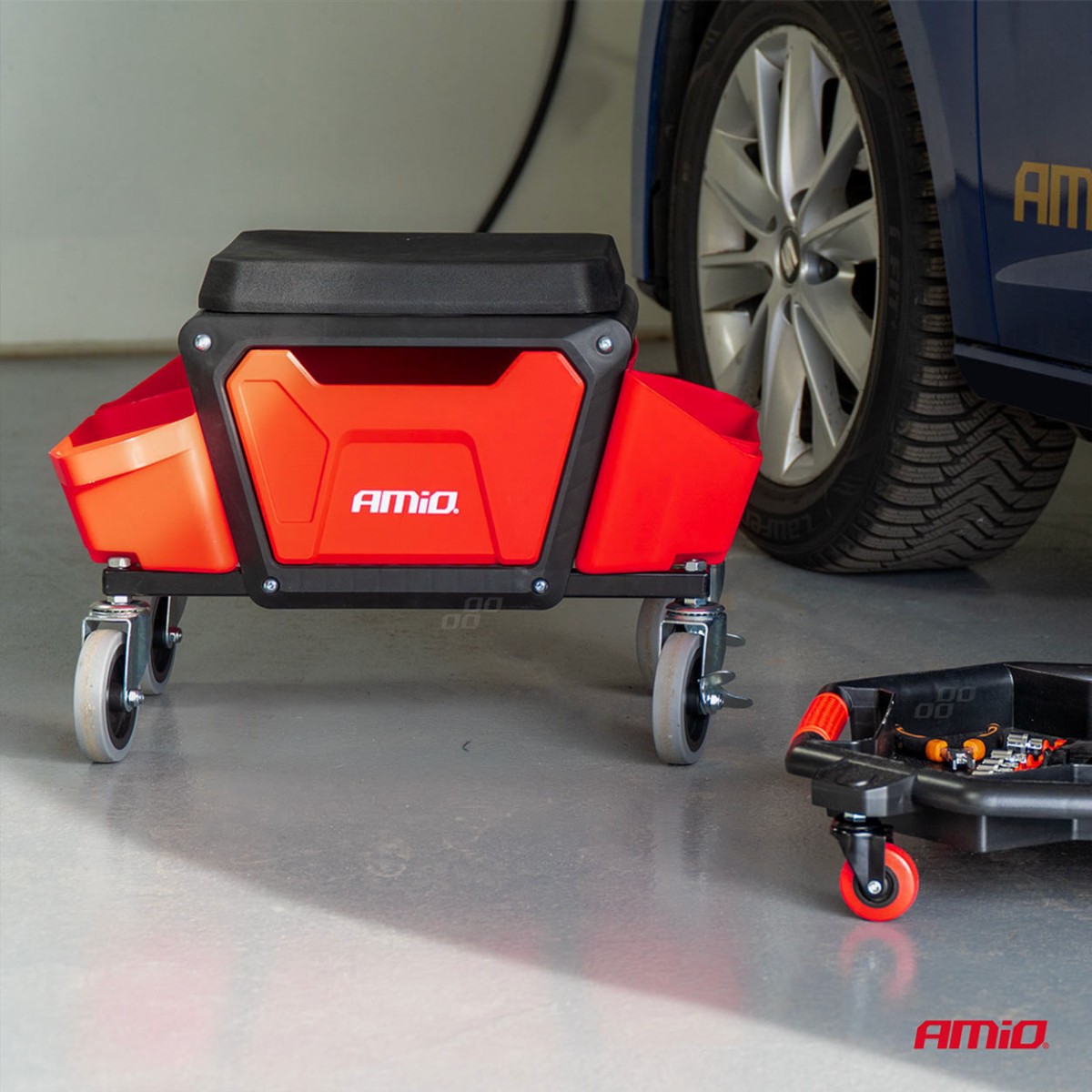 Dirbtuvių kėdė ant ratukų su įrankių laikymo dėže, 135 kg, AMIO-04268