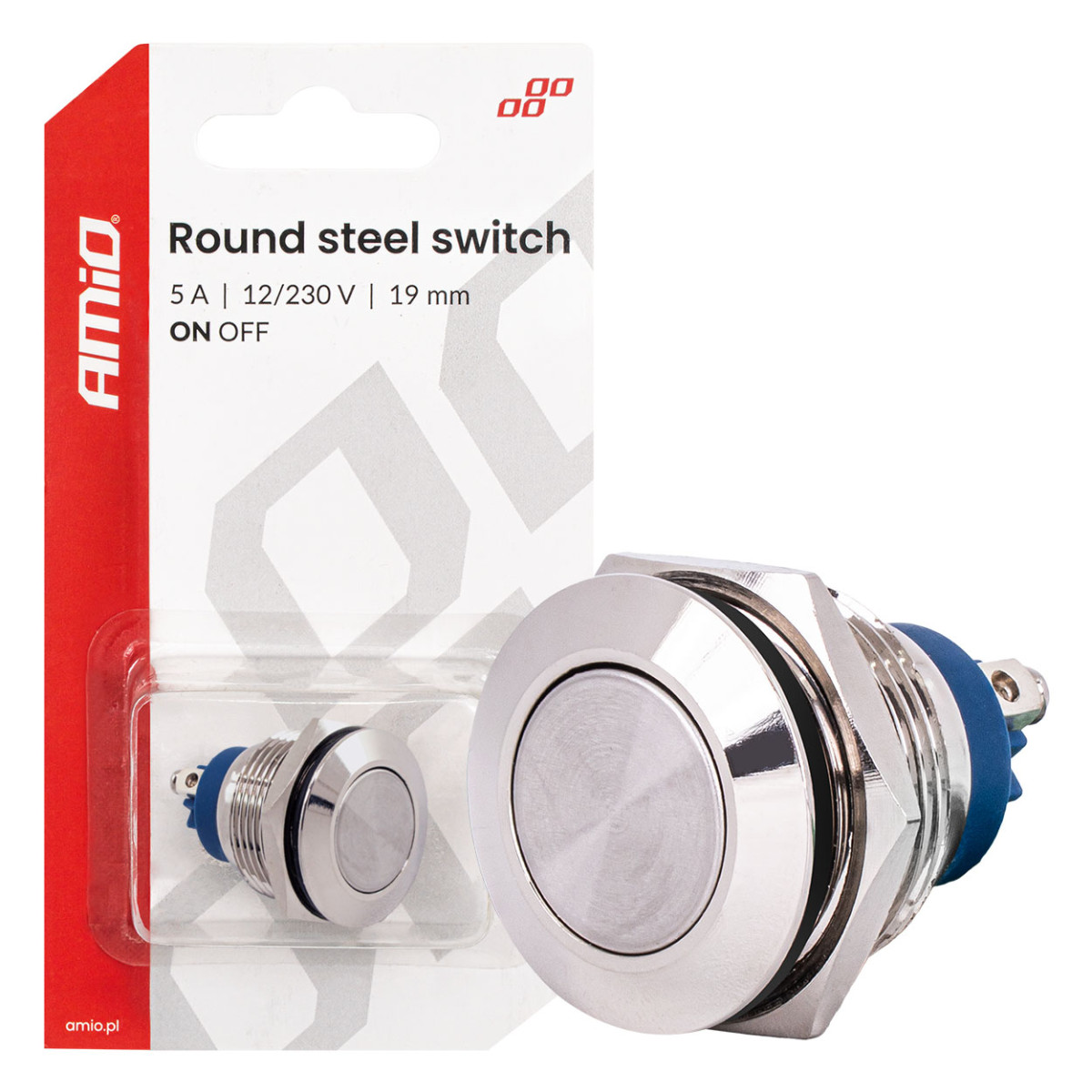 Apvalus metalinis jungiklis ON/OFF 19 mm, 5 A, 12/230 V AMIO-04474