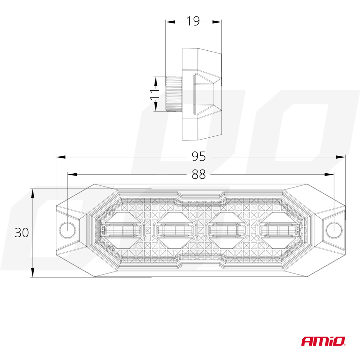 Plokščia LED įspėjamoji blykstės lempa, oranžinė, 4x3W, R65 R10, 12V/24V, IP6K9K AMIO-03929