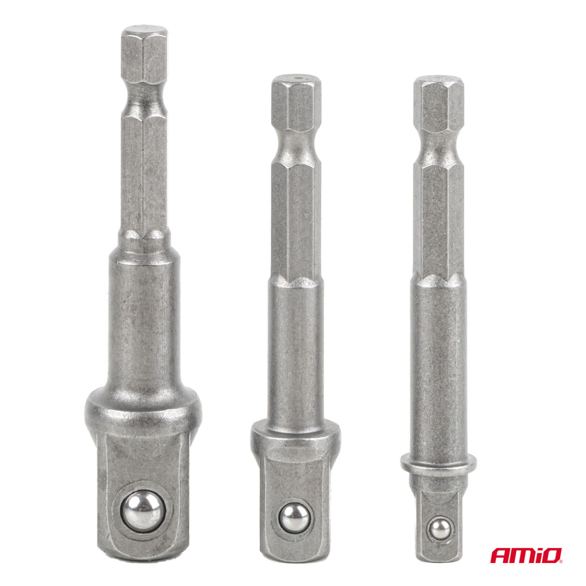 Galvučių adapterių suktuvui rinkinys, 1/4" HEX, 1/4" / 3/8" / 1/2", 3 vnt., AMIO-04933