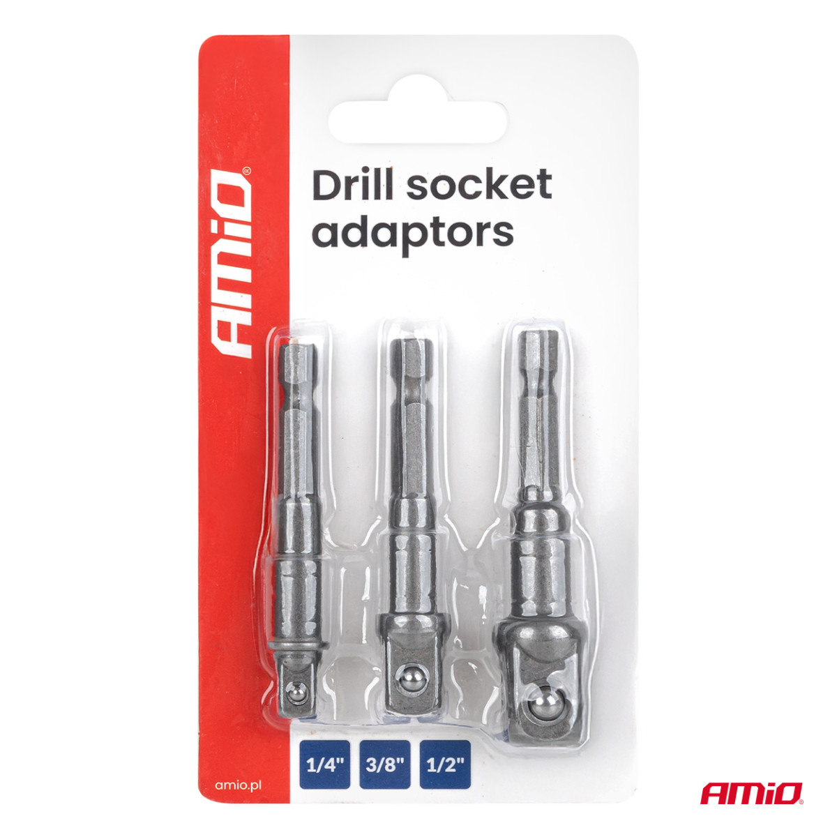 Galvučių adapterių suktuvui rinkinys, 1/4" HEX, 1/4" / 3/8" / 1/2", 3 vnt., AMIO-04933