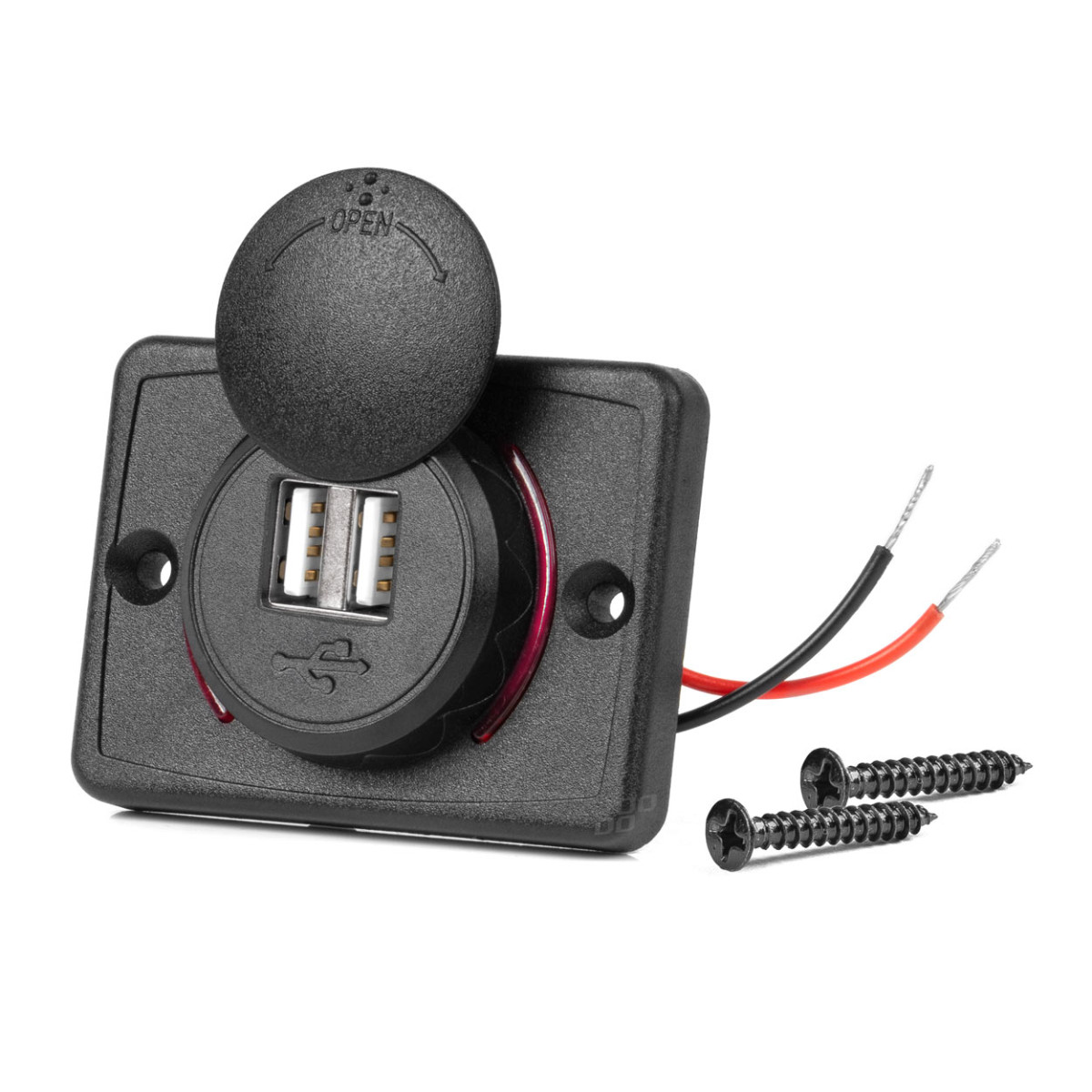 Kvadratinis atsparus vandeniui telefono įkroviklis su raudonu LED apšvietimu, 2xUSB 12/24V AMIO-04230