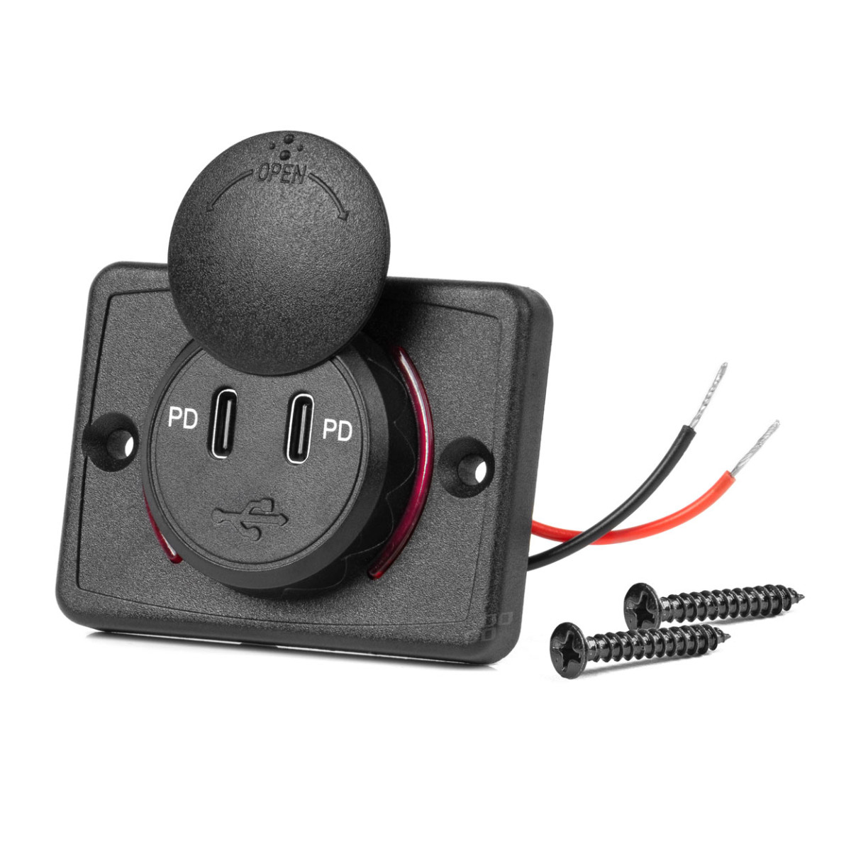 Kvadratinis atsparus vandeniui telefono įkroviklis su raudonu LED apšvietimu, 2x USB-C, 12/24V – AMIO-04232