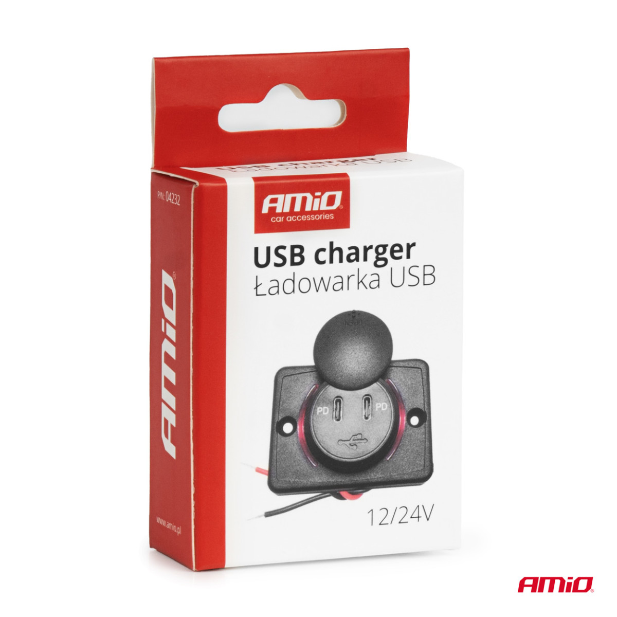 Kvadratinis atsparus vandeniui telefono įkroviklis su raudonu LED apšvietimu, 2x USB-C, 12/24V – AMIO-04232