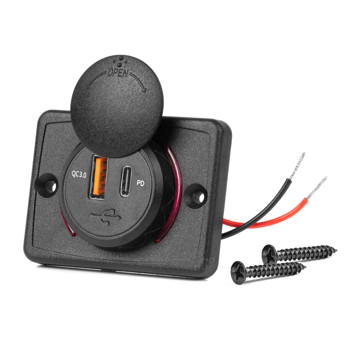 Kvadratinis atsparus vandeniui telefono įkroviklis su raudonu LED apšvietimu, USB + USB C QC3.0 12/24V
