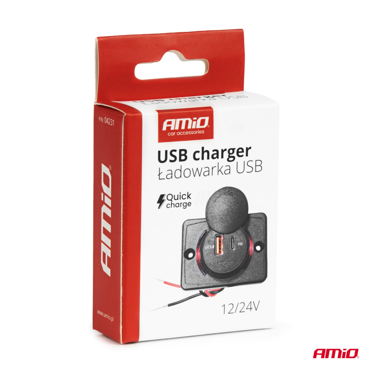 Kvadratinis atsparus vandeniui telefono įkroviklis su raudonu LED apšvietimu, USB + USB C QC3.0 12/24V