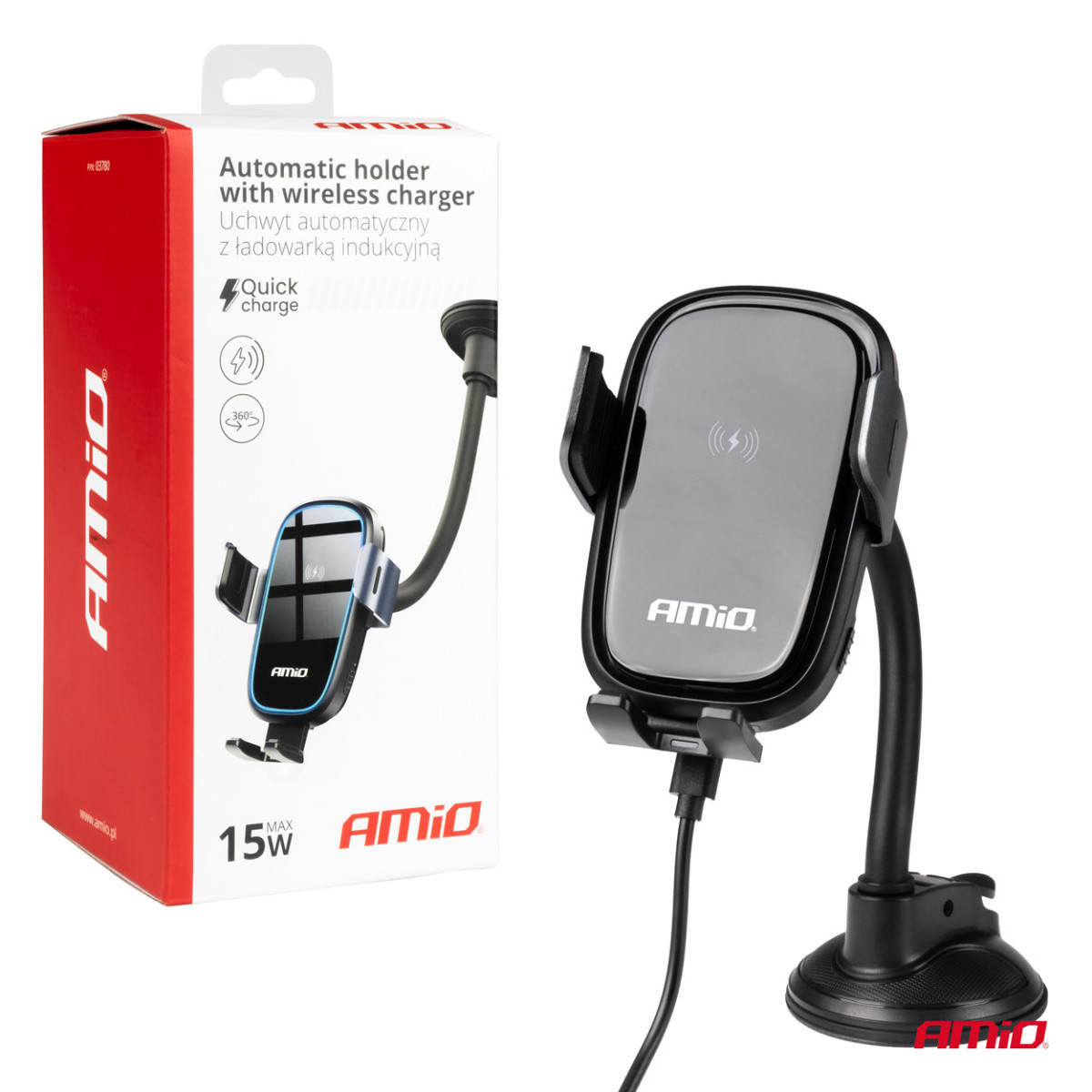 Telefono laikiklis su siurbtuku ir belaidžiu įkrovikliu 15W AMIO-03780