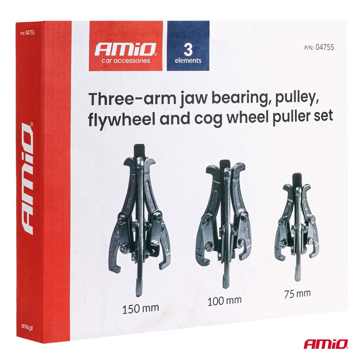 Trijų rankų guolių, skriemulių, smagračių ir dantračių ištraukimo įrankių komplektas AMIO-04755