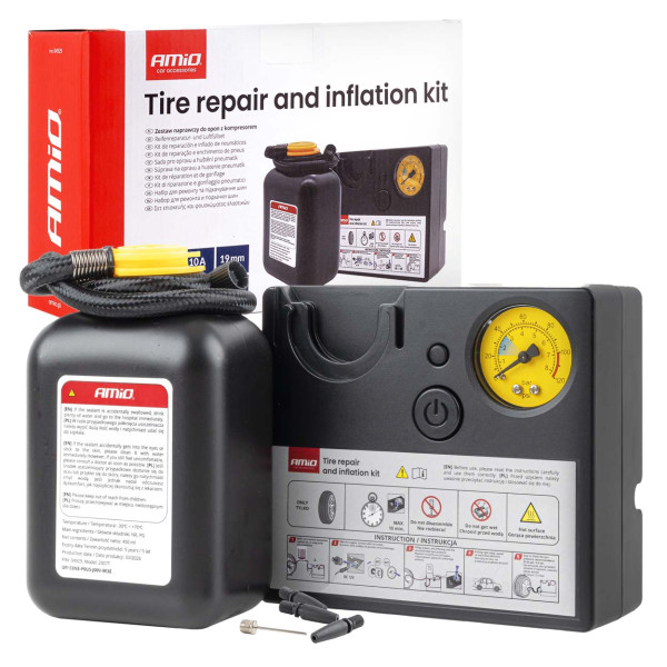 Padangų remonto rinkinys su kompresoriumi, 12 V, 19 mm, AMIO-04929