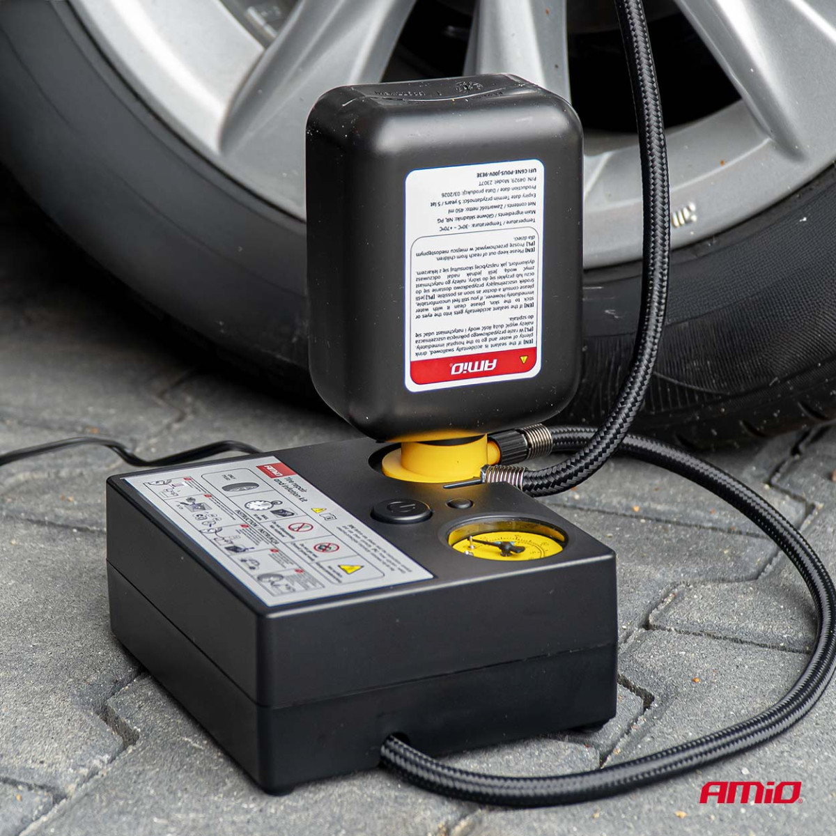 Padangų remonto rinkinys su kompresoriumi, 12 V, 19 mm, AMIO-04929