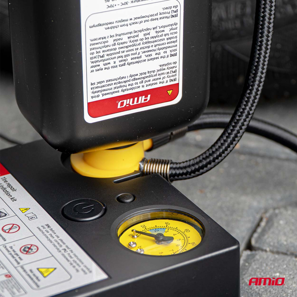 Padangų remonto rinkinys su kompresoriumi, 12 V, 19 mm, AMIO-04929