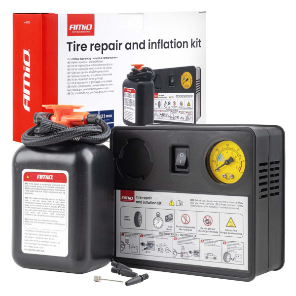 Padangų remonto rinkinys su kompresoriumi, 12 V, 31 mm, AMIO-04930