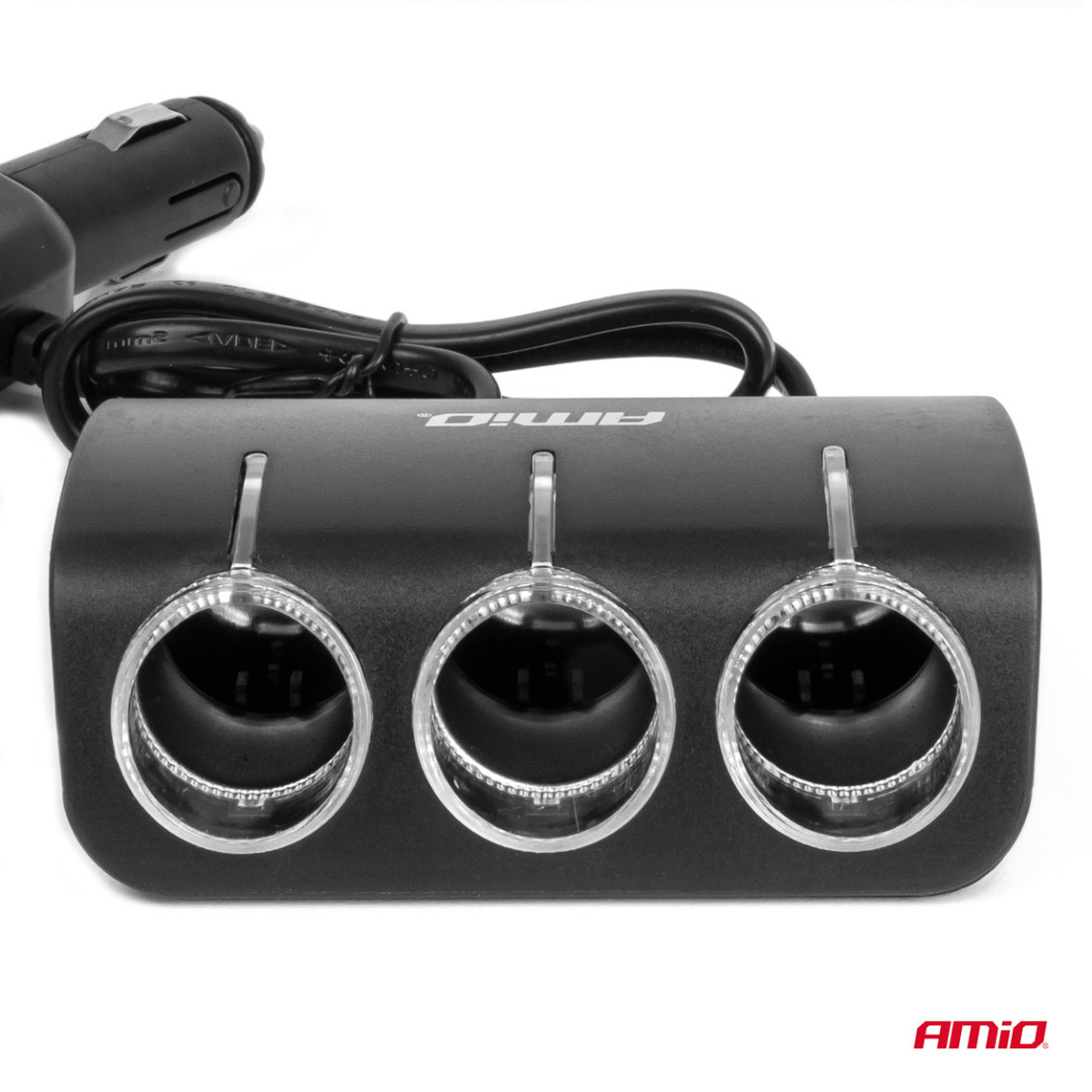 Trijų lizdų prailgintojas su įkrovikliu 1x USB-A + 1x cigarečių uždegiklis 12/24V 120W 80 cm AMIO-04360