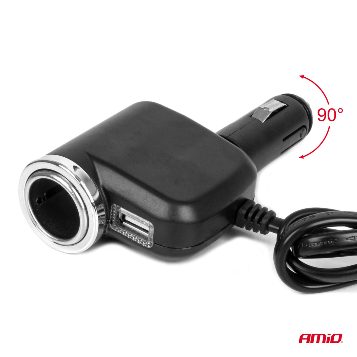 Trijų lizdų prailgintojas su įkrovikliu 1x USB-A + 1x cigarečių uždegiklis 12/24V 120W 80 cm AMIO-04360