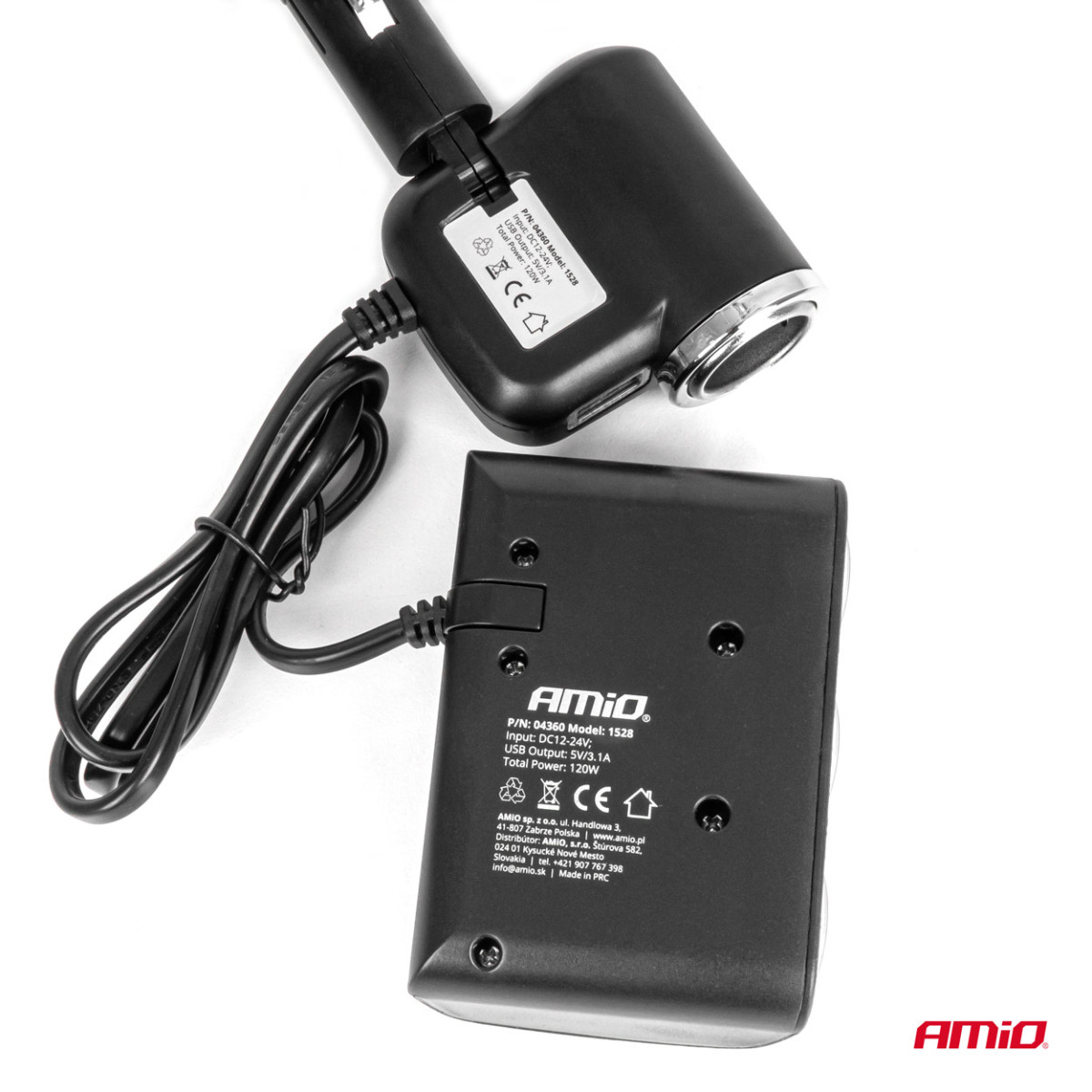 Trijų lizdų prailgintojas su įkrovikliu 1x USB-A + 1x cigarečių uždegiklis 12/24V 120W 80 cm AMIO-04360